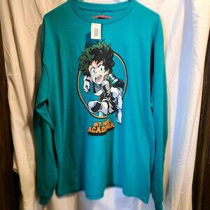 NWT My Hero Academia Long Sleeve T Shirt Green Kanji Izuku Deku Midoriya Anime L